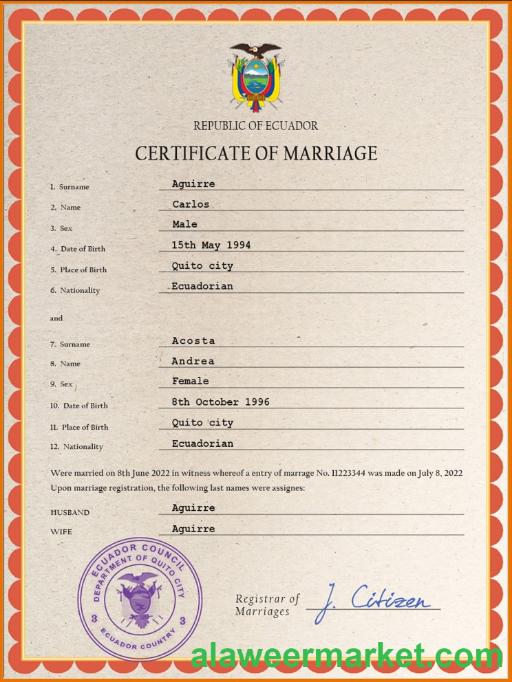 Ecuador marriage certificate PSD template